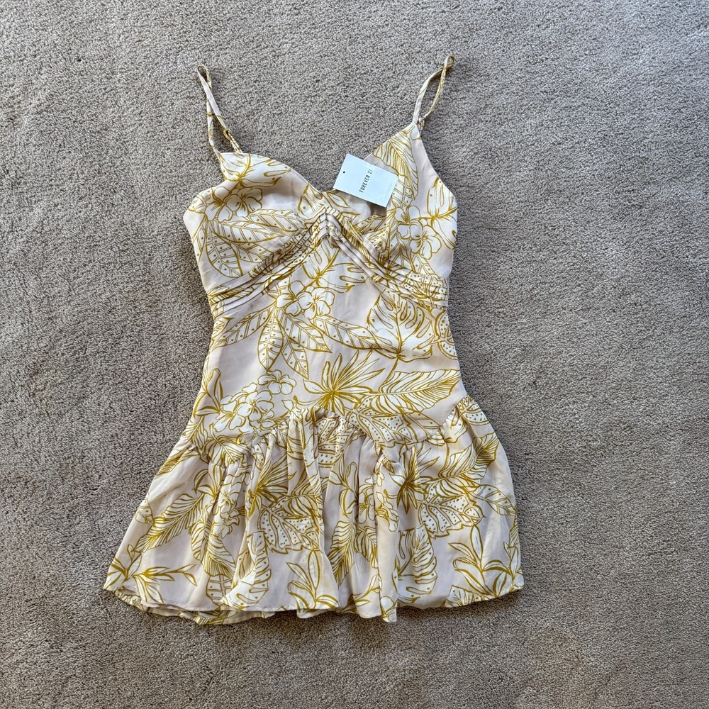 Forever 21 Tropical Leaf Cami Top Dress Small Taupe Fit & Flare Y2K Summer NWT - Picture 4 of 11